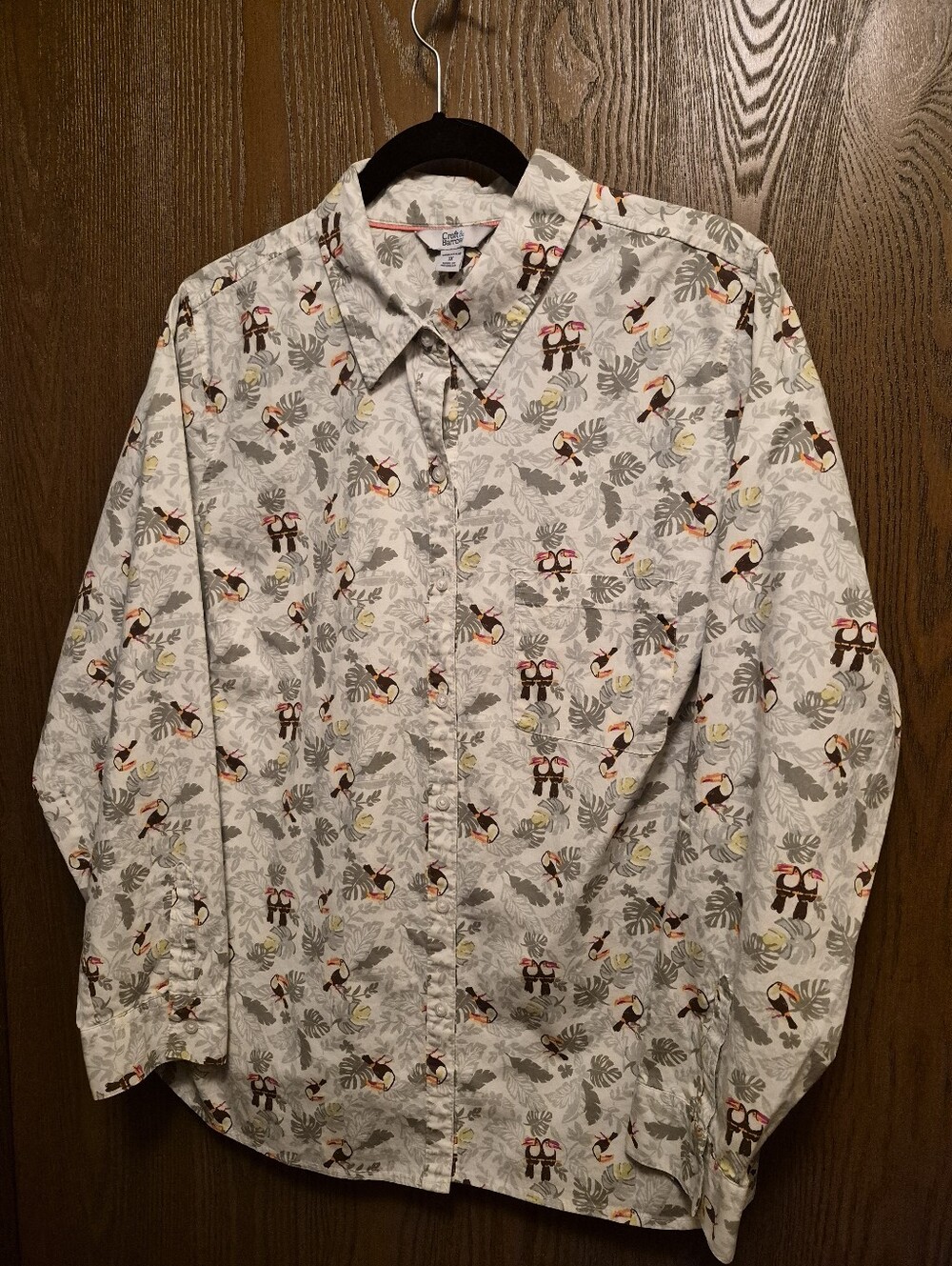 Croft And Barrow Long Sleeve Button Down Cream/Multi Cotton Tucan Bird Shirt 1X